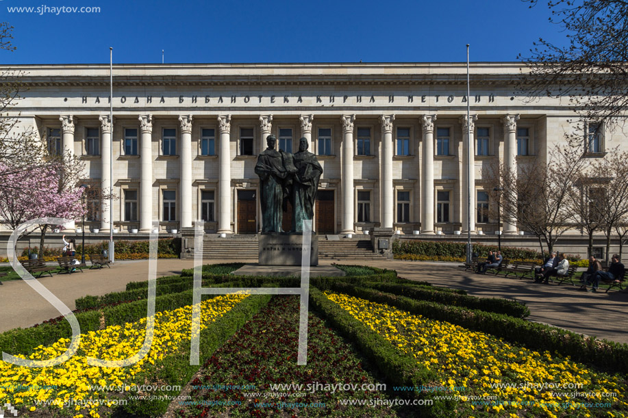 SOFIA, BULGARIA - APRIL 1, 2017: Spring view of National Library St. Cyril and St. Methodius in Sofia, Bulgaria