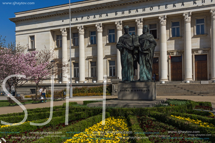 SOFIA, BULGARIA - APRIL 1, 2017: Spring view of National Library St. Cyril and St. Methodius in Sofia, Bulgaria