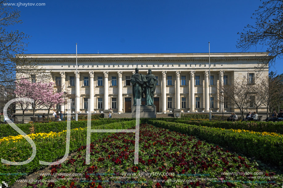 SOFIA, BULGARIA - APRIL 1, 2017: Spring view of National Library St. Cyril and St. Methodius in Sofia, Bulgaria