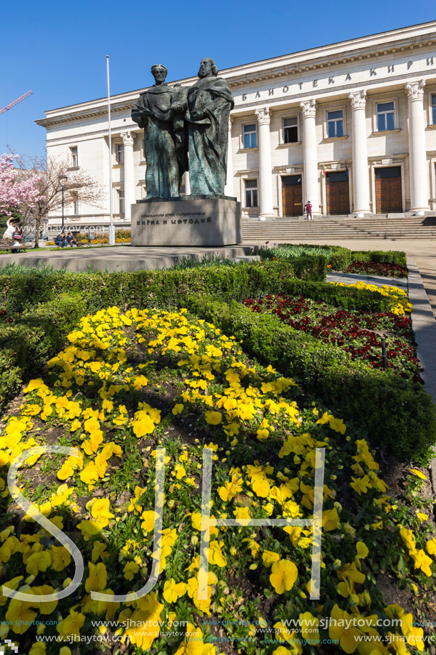 SOFIA, BULGARIA - APRIL 1, 2017: Spring view of National Library St. Cyril and St. Methodius in Sofia, Bulgaria