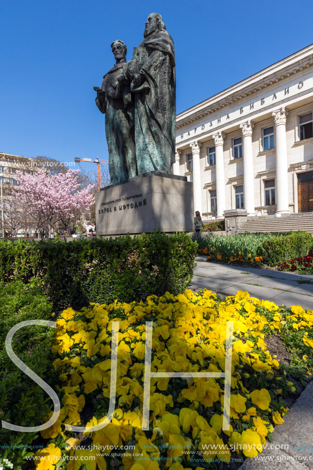 SOFIA, BULGARIA - APRIL 1, 2017: Spring view of National Library St. Cyril and St. Methodius in Sofia, Bulgaria