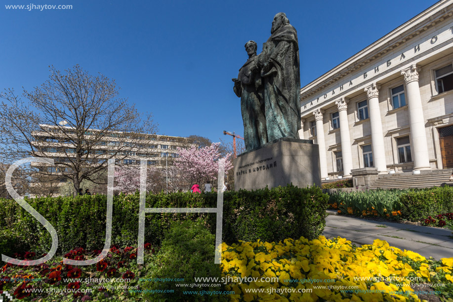 SOFIA, BULGARIA - APRIL 1, 2017: Spring view of National Library St. Cyril and St. Methodius in Sofia, Bulgaria