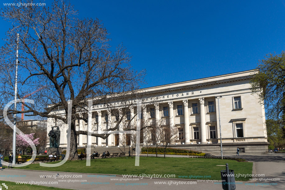 SOFIA, BULGARIA - APRIL 1, 2017: Spring view of National Library St. Cyril and St. Methodius in Sofia, Bulgaria