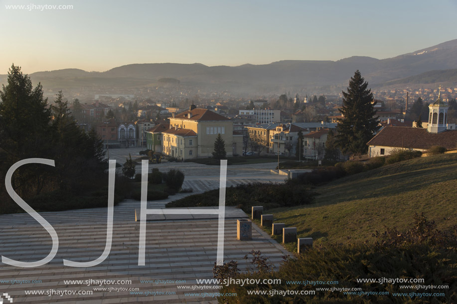 PANAGYURISHTE, BULGARIA - DECEMBER 13, 2013: Panoramic view of Central square of Historical town of Panagyurishte, Pazardzhik Region, Bulgaria