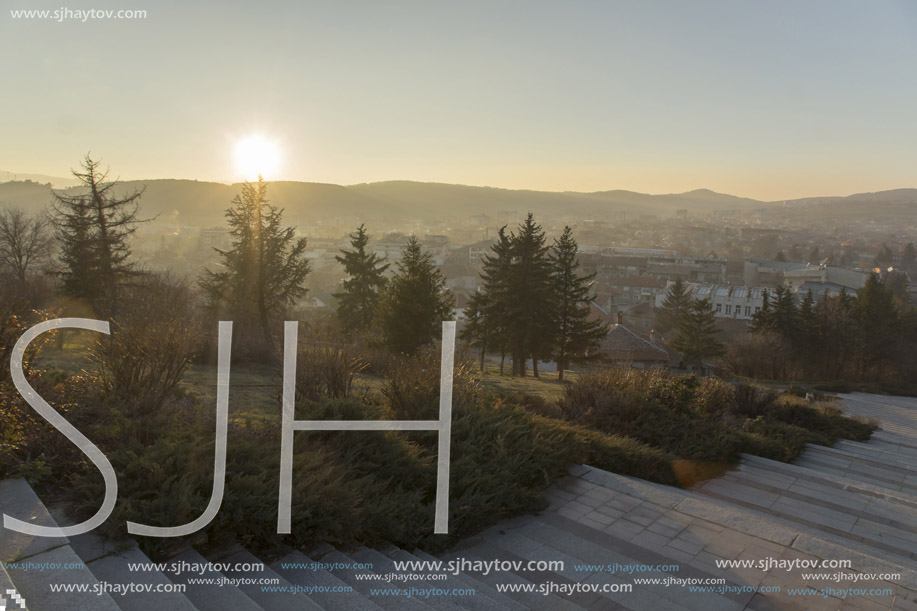PANAGYURISHTE, BULGARIA - DECEMBER 13, 2013: Panoramic view of Central square of Historical town of Panagyurishte, Pazardzhik Region, Bulgaria