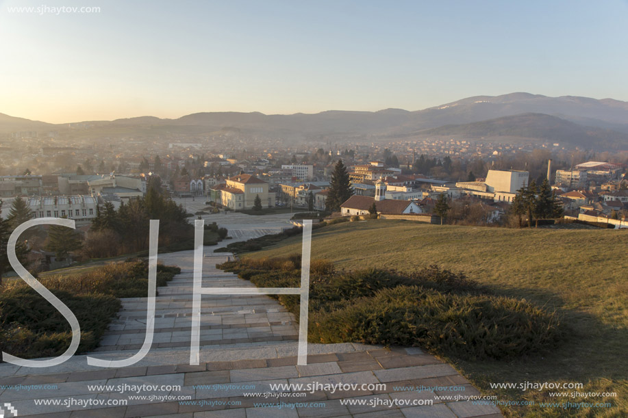 PANAGYURISHTE, BULGARIA - DECEMBER 13, 2013: Panoramic view of Central square of Historical town of Panagyurishte, Pazardzhik Region, Bulgaria