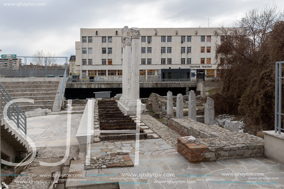 PLOVDIV, BULGARIA - DECEMBER 30, 2016:  Panorama of Ruins of Roman Odeon in city of Plovdiv, Bulgaria