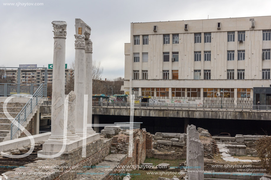 PLOVDIV, BULGARIA - DECEMBER 30, 2016:  Panorama of Ruins of Roman Odeon in city of Plovdiv, Bulgaria