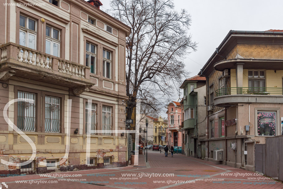PLOVDIV, BULGARIA - DECEMBER 30, 2016: Houses and street in the center of city of Plovdiv, Bulgaria