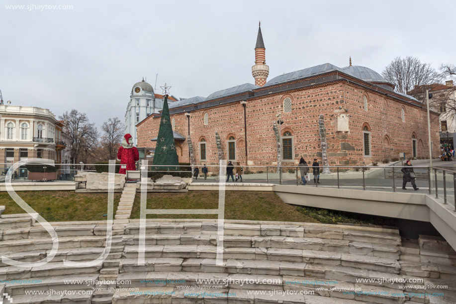 PLOVDIV, BULGARIA - DECEMBER 30, 2016:  Dzhumaya Mosque and Roman stadium in city of Plovdiv, Bulgaria