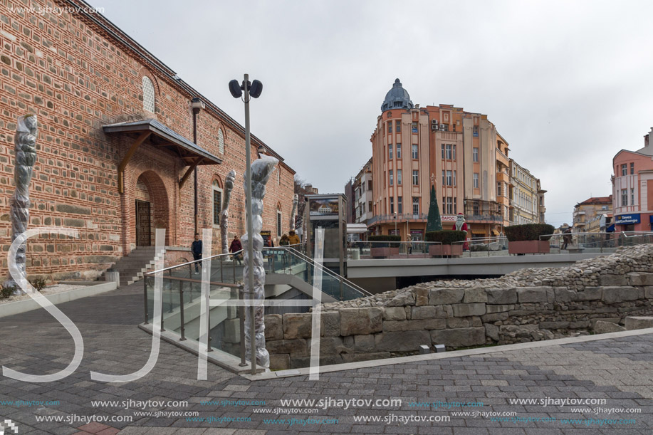 PLOVDIV, BULGARIA - DECEMBER 30, 2016:  Walking people and Street in district Kapana, city of Plovdiv, Bulgaria