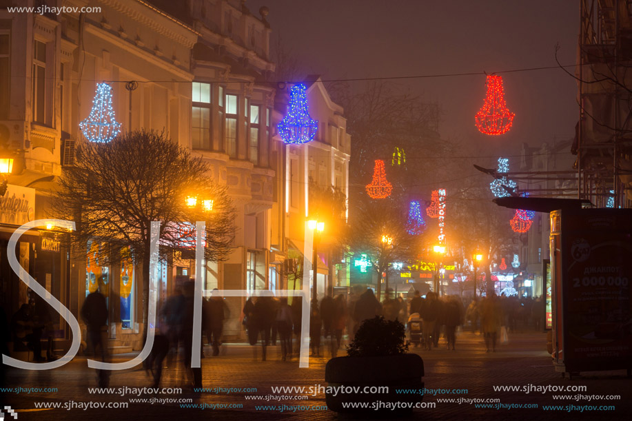 PLOVDIV, BULGARIA - DECEMBER 26, 2017:  Night Panorama of the Central Street with Christmas decoration in city of Plovdiv, Bulgaria