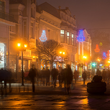PLOVDIV, BULGARIA - DECEMBER 26, 2017:  Night Panorama of the Central Street with Christmas decoration in city of Plovdiv, Bulgaria