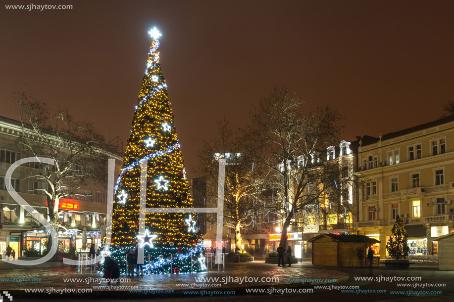 PLOVDIV, BULGARIA - DECEMBER 26, 2017:  Christmas tree in Front of The City Hall in city of Plovdiv, Bulgaria