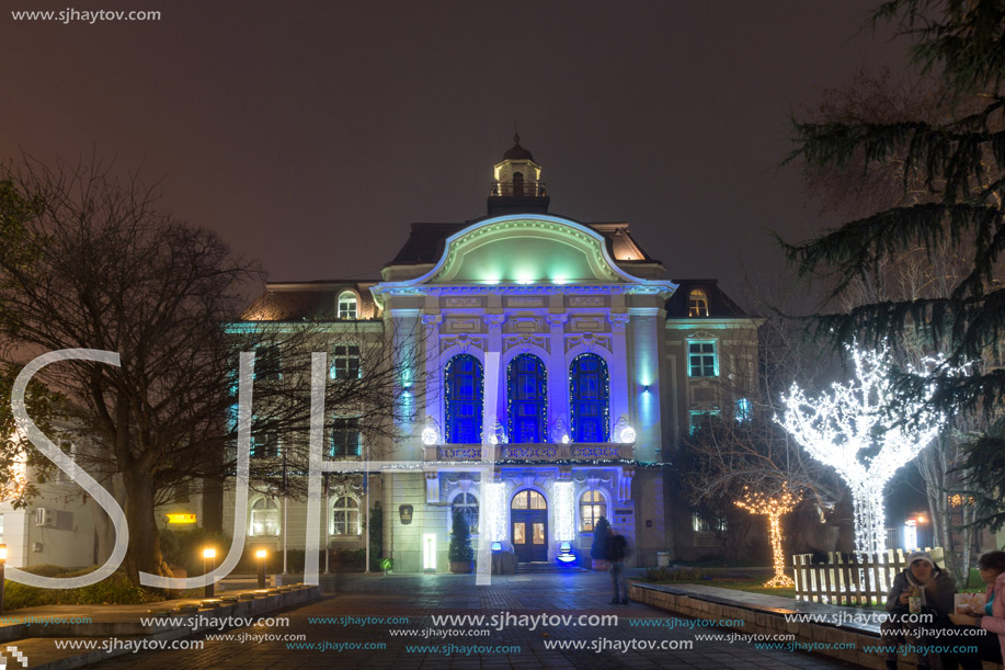 PLOVDIV, BULGARIA - DECEMBER 26, 2017:  Christmas tree in Front of The City Hall in city of Plovdiv, Bulgaria