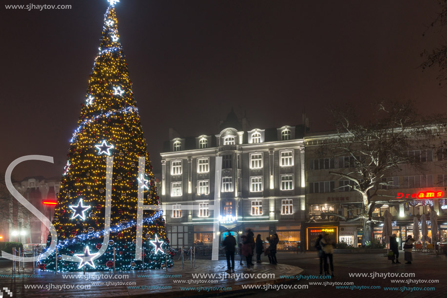 PLOVDIV, BULGARIA - DECEMBER 26, 2017:  Christmas tree in Front of The City Hall in city of Plovdiv, Bulgaria