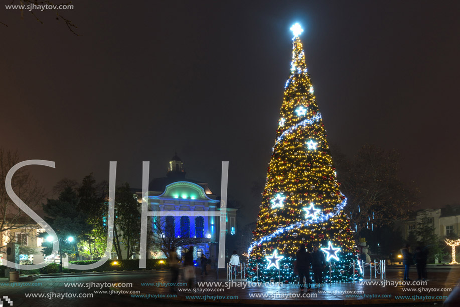 PLOVDIV, BULGARIA - DECEMBER 26, 2017:  Christmas tree in Front of The City Hall in city of Plovdiv, Bulgaria