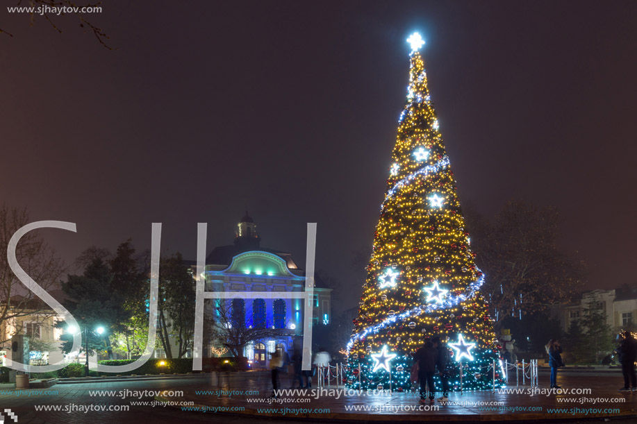 PLOVDIV, BULGARIA - DECEMBER 26, 2017:  Christmas tree in Front of The City Hall in city of Plovdiv, Bulgaria