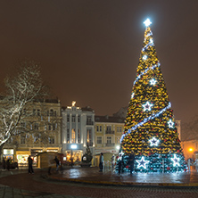 PLOVDIV, BULGARIA - DECEMBER 26, 2017:  Christmas tree in Front of The City Hall in city of Plovdiv, Bulgaria