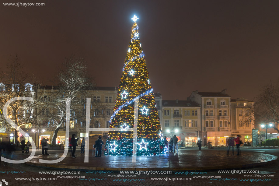 PLOVDIV, BULGARIA - DECEMBER 26, 2017:  Christmas tree in Front of The City Hall in city of Plovdiv, Bulgaria