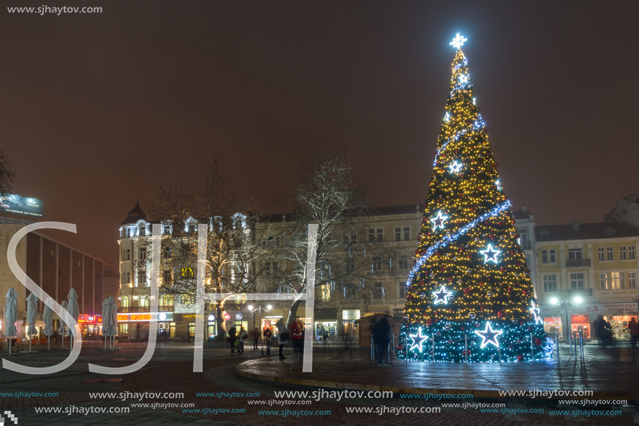 PLOVDIV, BULGARIA - DECEMBER 26, 2017:  Christmas tree in Front of The City Hall in city of Plovdiv, Bulgaria
