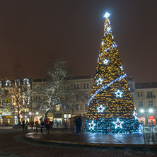 PLOVDIV, BULGARIA - DECEMBER 26, 2017:  Christmas tree in Front of The City Hall in city of Plovdiv, Bulgaria