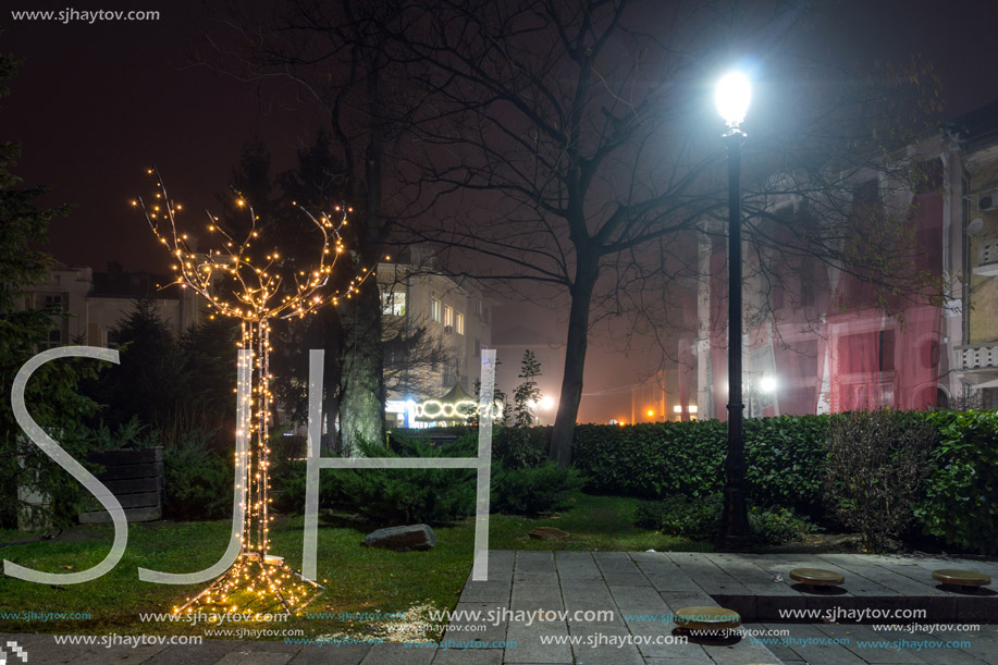 PLOVDIV, BULGARIA - DECEMBER 26, 2017:  Night Panorama of the Central Street with Christmas decoration in city of Plovdiv, Bulgaria