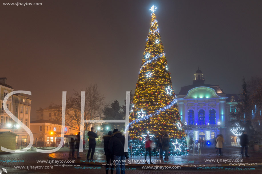 PLOVDIV, BULGARIA - DECEMBER 26, 2017:  Christmas tree in Front of The City Hall in city of Plovdiv, Bulgaria