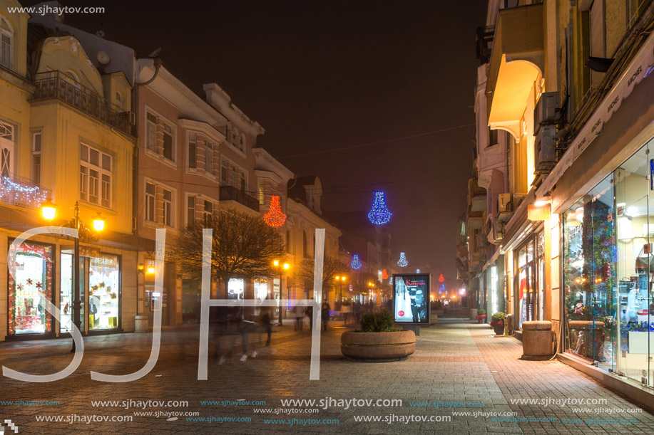 PLOVDIV, BULGARIA - DECEMBER 26, 2017:  Night Panorama of the Central Street with Christmas decoration in city of Plovdiv, Bulgaria