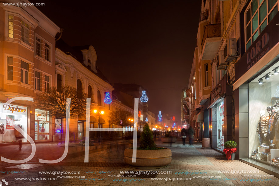 PLOVDIV, BULGARIA - DECEMBER 26, 2017:  Night Panorama of the Central Street with Christmas decoration in city of Plovdiv, Bulgaria
