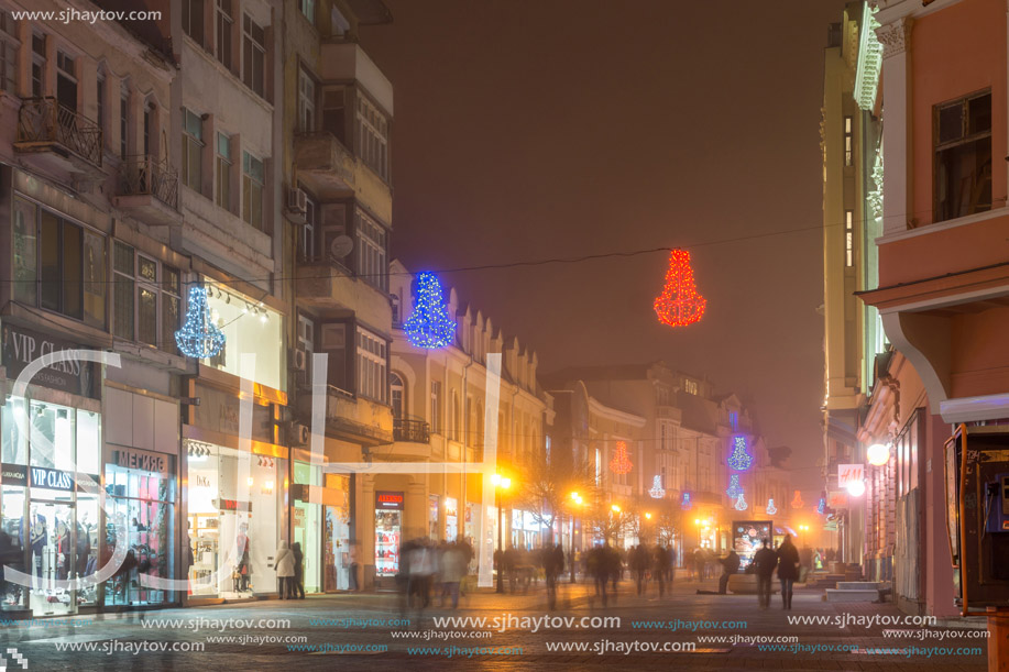 PLOVDIV, BULGARIA - DECEMBER 26, 2017:  Night Panorama of the Central Street with Christmas decoration in city of Plovdiv, Bulgaria