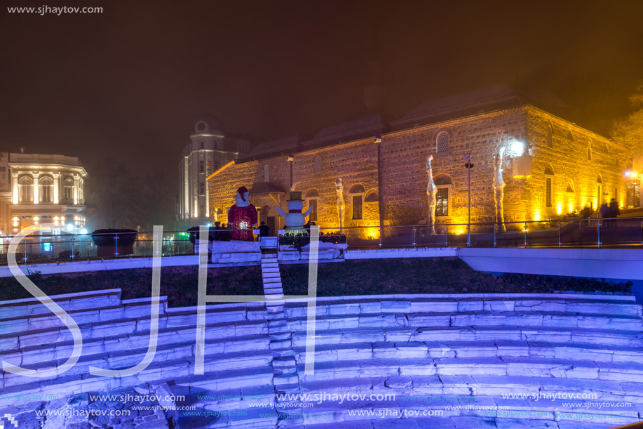 PLOVDIV, BULGARIA - DECEMBER 26, 2017: Dzhumaya Mosque, Roman stadium and Christmas decoration in city of Plovdiv, Bulgaria