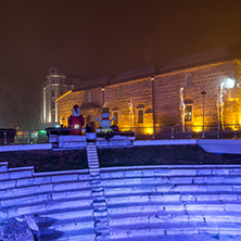 PLOVDIV, BULGARIA - DECEMBER 26, 2017: Dzhumaya Mosque, Roman stadium and Christmas decoration in city of Plovdiv, Bulgaria