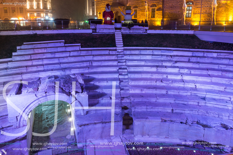 PLOVDIV, BULGARIA - DECEMBER 26, 2017: Dzhumaya Mosque, Roman stadium and Christmas decoration in city of Plovdiv, Bulgaria