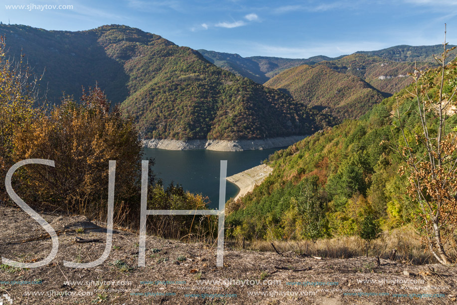 Amazing Autumn landscape of Meander of Vacha (Antonivanovtsy) Reservoir, Rhodopes Mountain, Bulgaria