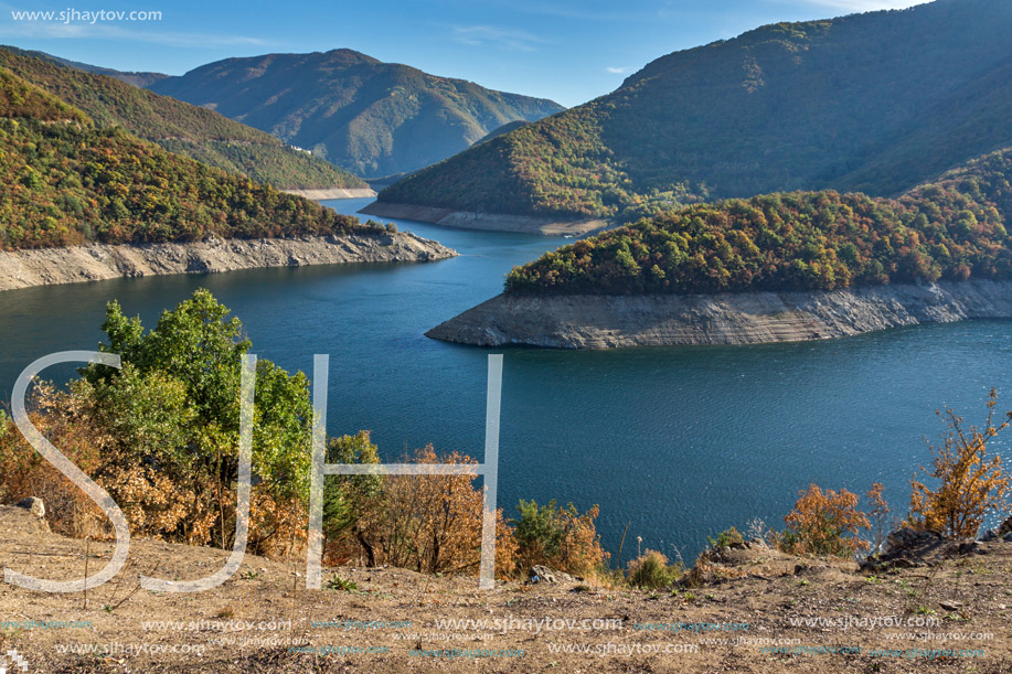 Amazing Autumn landscape of Meander of Vacha (Antonivanovtsy) Reservoir, Rhodopes Mountain, Bulgaria