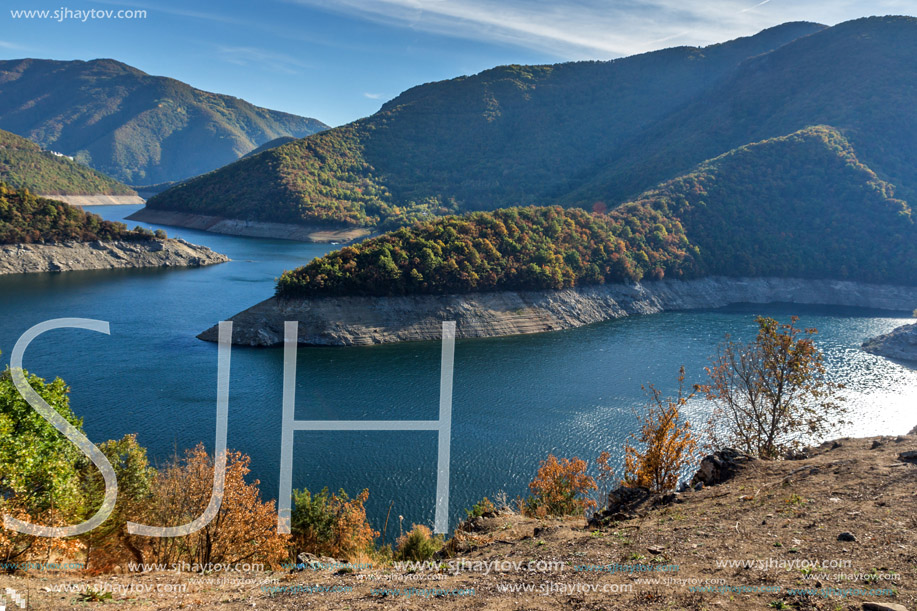 Amazing Autumn landscape of Meander of Vacha (Antonivanovtsy) Reservoir, Rhodopes Mountain, Bulgaria