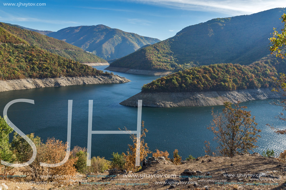 Amazing Autumn landscape of Meander of Vacha (Antonivanovtsy) Reservoir, Rhodopes Mountain, Bulgaria