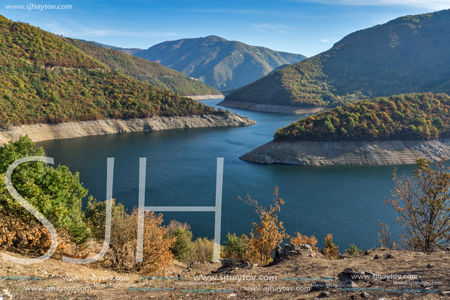 Amazing Autumn landscape of Meander of Vacha (Antonivanovtsy) Reservoir, Rhodopes Mountain, Bulgaria