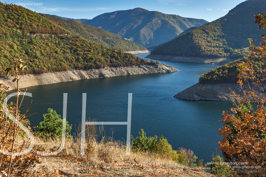 Amazing Autumn landscape of Meander of Vacha (Antonivanovtsy) Reservoir, Rhodopes Mountain, Bulgaria