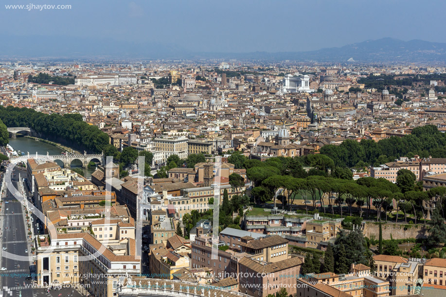 Amazing panoramic view to Vatican and city of Rome from dome of St. Peter"s Basilica, Italy