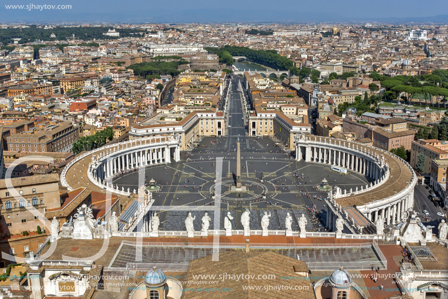 Amazing panoramic view to Vatican and city of Rome from dome of St. Peter"s Basilica, Italy