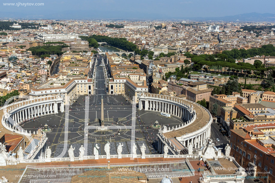 Amazing panoramic view to Vatican and city of Rome from dome of St. Peter"s Basilica, Italy