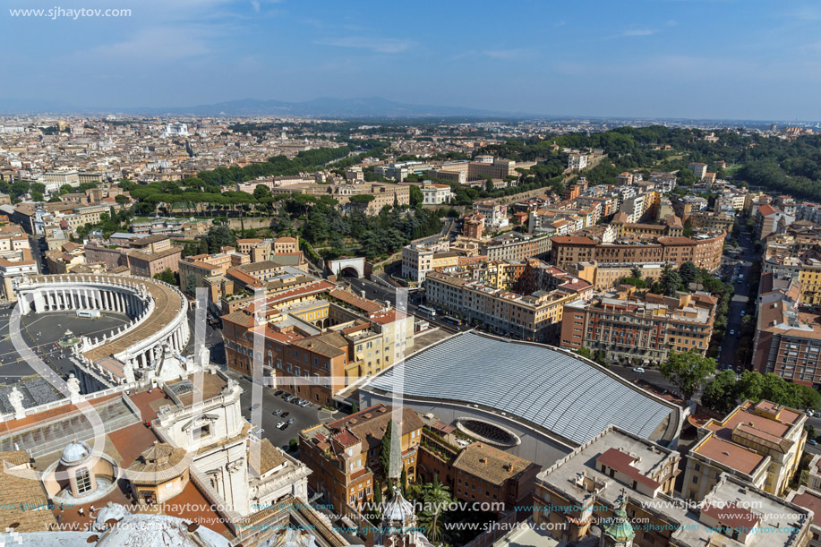 Amazing panoramic view to Vatican and city of Rome from dome of St. Peter"s Basilica, Italy