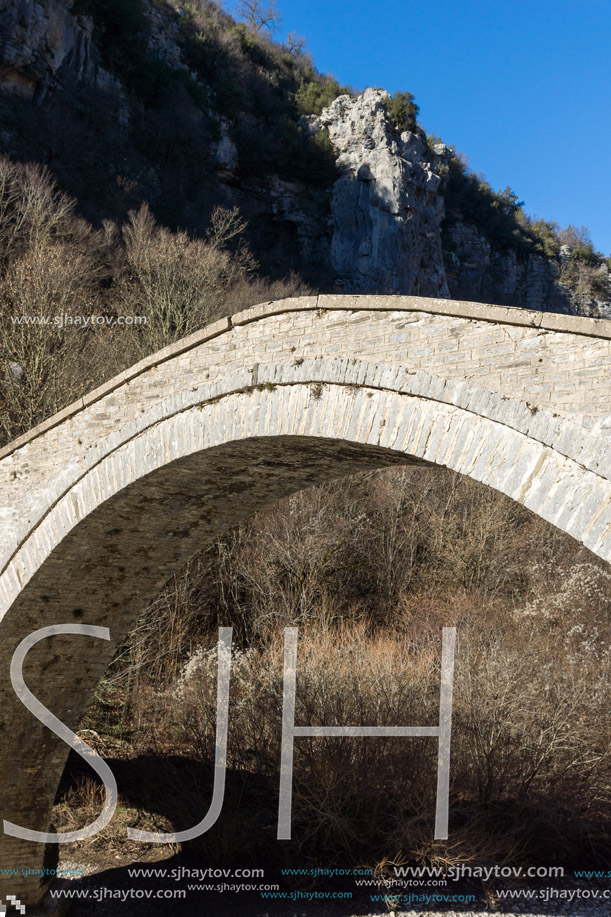 Amazing landscape of Bridge of Missios in Vikos gorge and Pindus Mountains, Zagori, Epirus, Greece