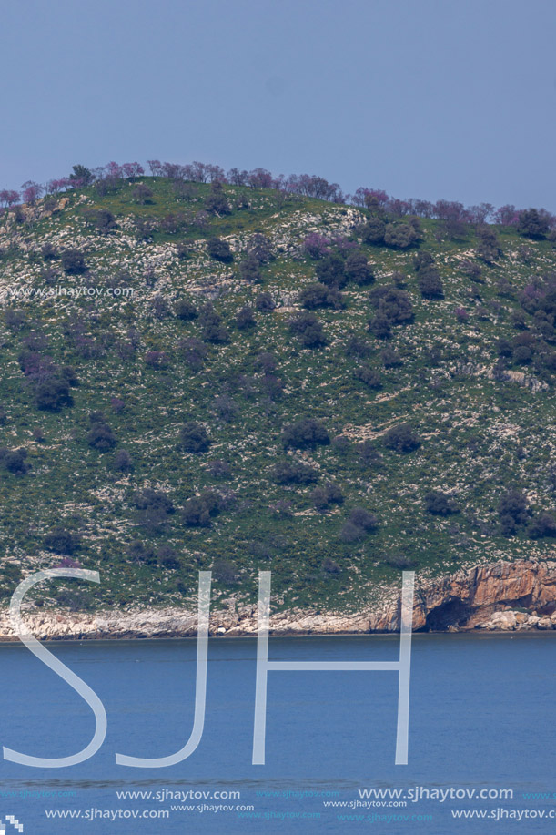 THASOPOULA ISLAND, GREECE - APRIL 5, 2016:  Panorama of Thasopoula Island, East Macedonia and Thrace, Greece