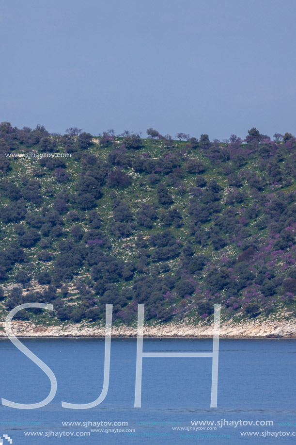 THASOPOULA ISLAND, GREECE - APRIL 5, 2016:  Panorama of Thasopoula Island, East Macedonia and Thrace, Greece