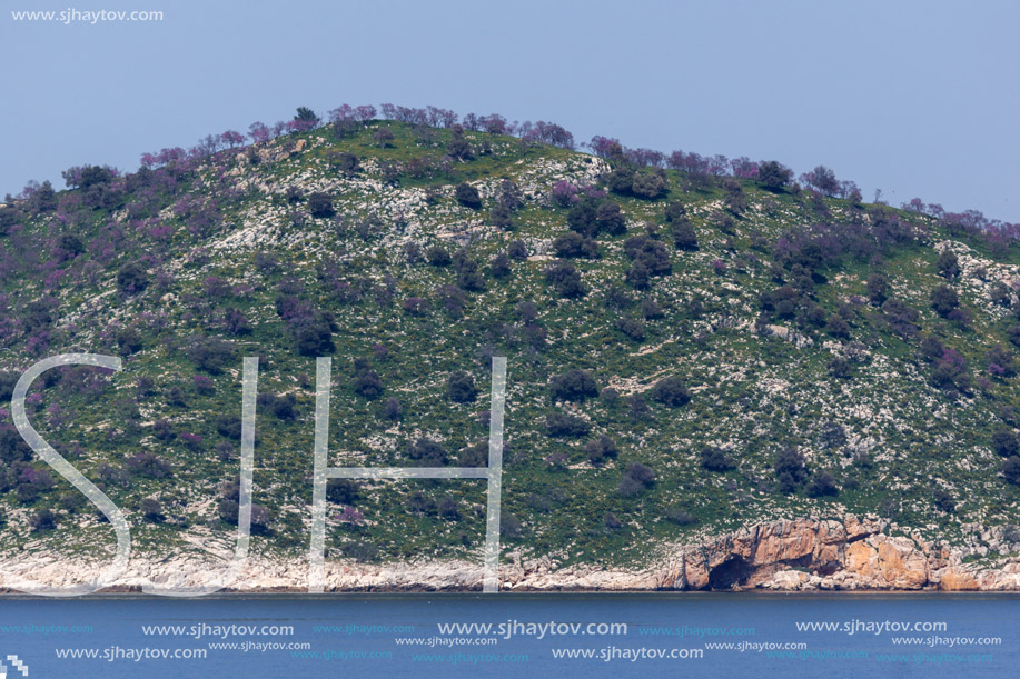 THASOPOULA ISLAND, GREECE - APRIL 5, 2016:  Panorama of Thasopoula Island, East Macedonia and Thrace, Greece