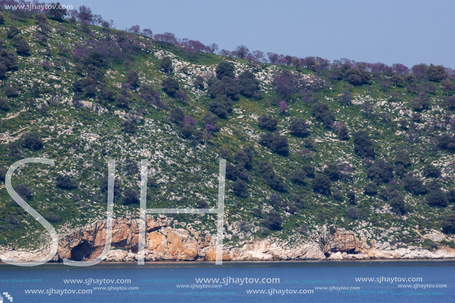 THASOPOULA ISLAND, GREECE - APRIL 5, 2016:  Panorama of Thasopoula Island, East Macedonia and Thrace, Greece