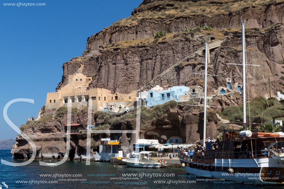 SANTORINI, GREECE - MAY 6, 2013: Panoramic view of port of Santorini island, Thira, Cyclades, Greece